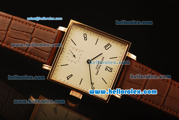 Patek Philippe Gondolo Manual Winding Rose Gold Case with White Dial and Brown Leather Strap - Click Image to Close